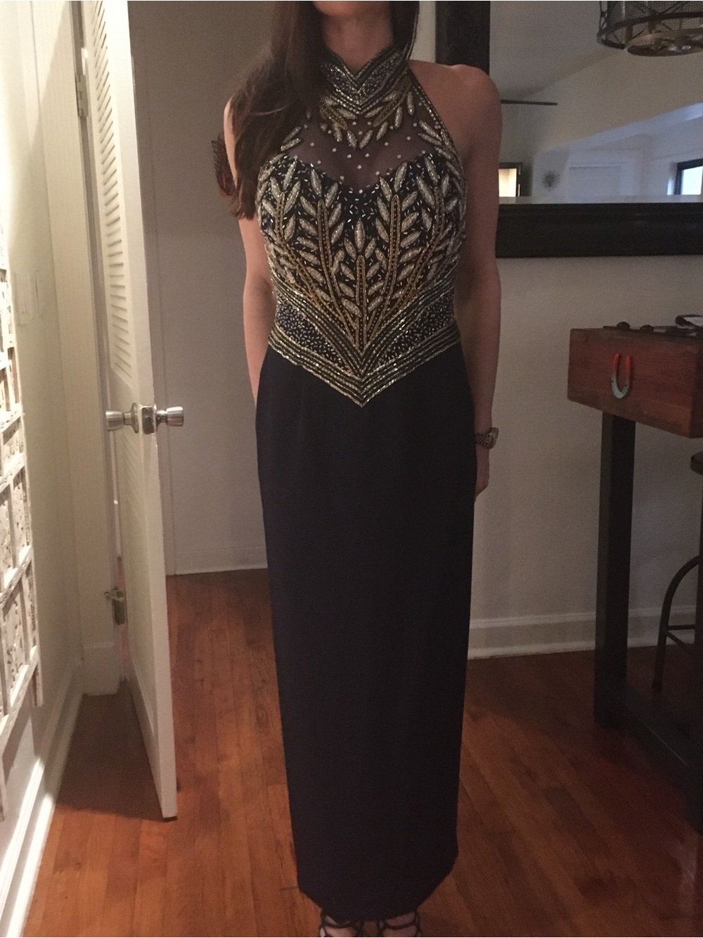 Cache Beaded Peek-A-Boo Formal Dress